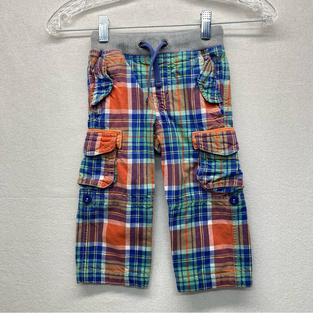 Mini Boden Boys Plaid Cargo Pants Size 2Y Straight Stretch Waist Orange Blue
